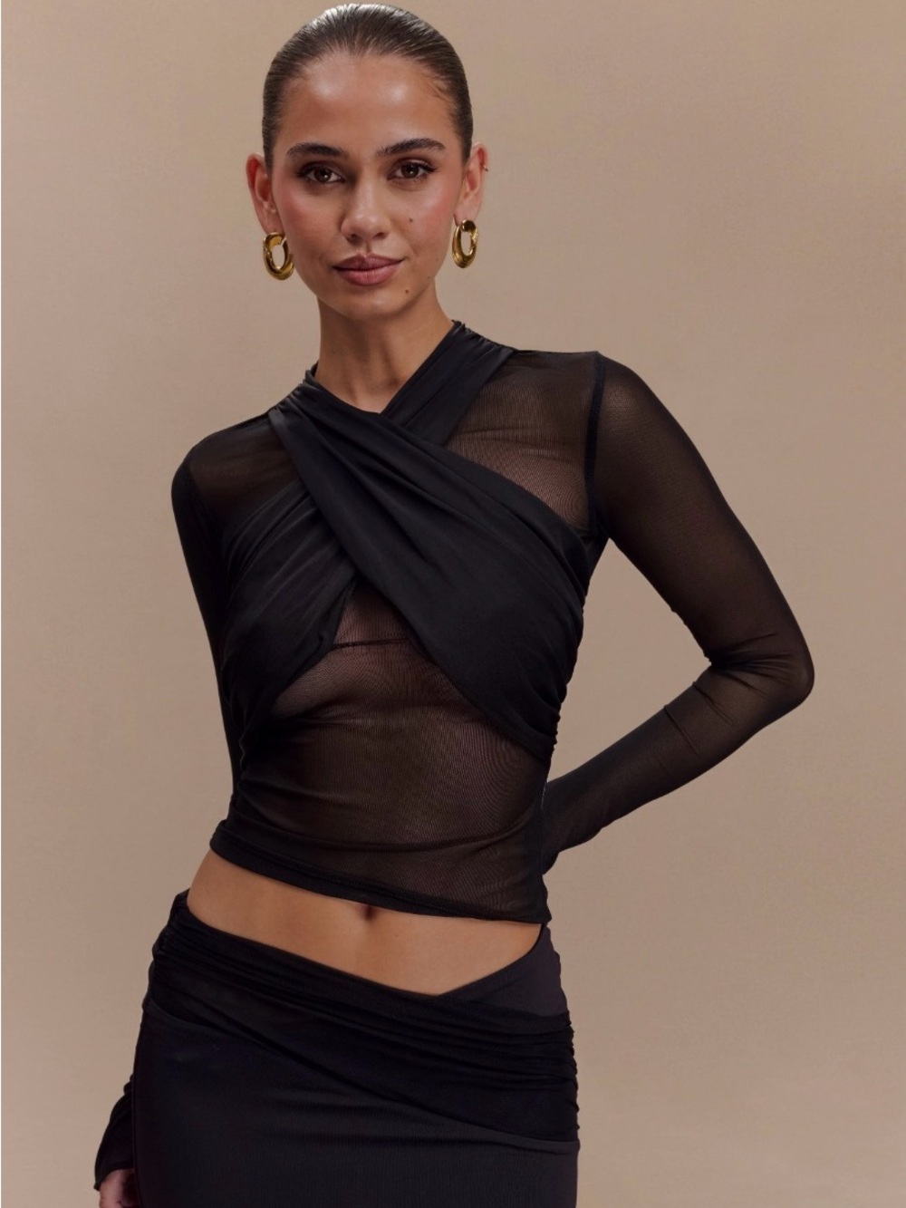 Meshki Sleek Black Mesh Twist-Front Long Sleeve Top